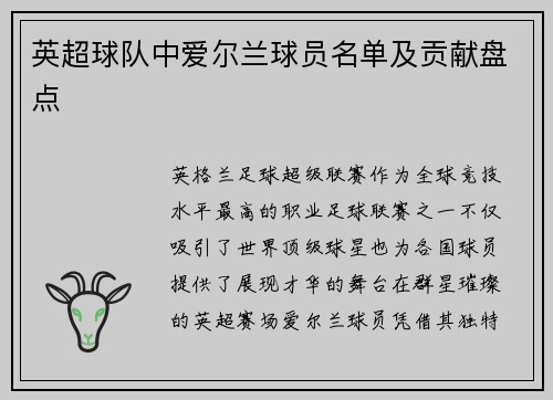 英超球队中爱尔兰球员名单及贡献盘点